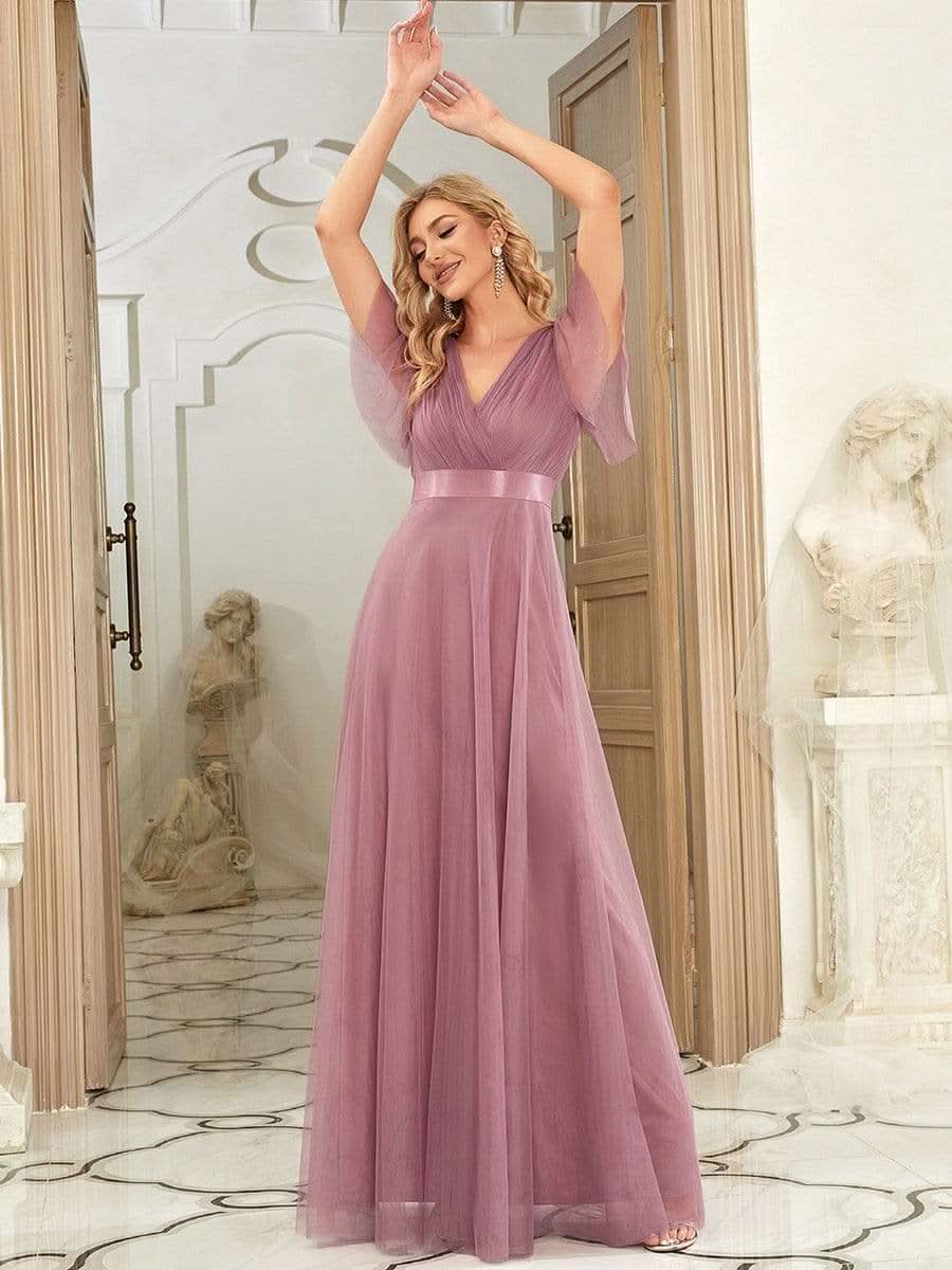 Doppelter V-Ausschnitt mit Hoher Taille Hochzeitsgast Kleider #Farbe_Orchid