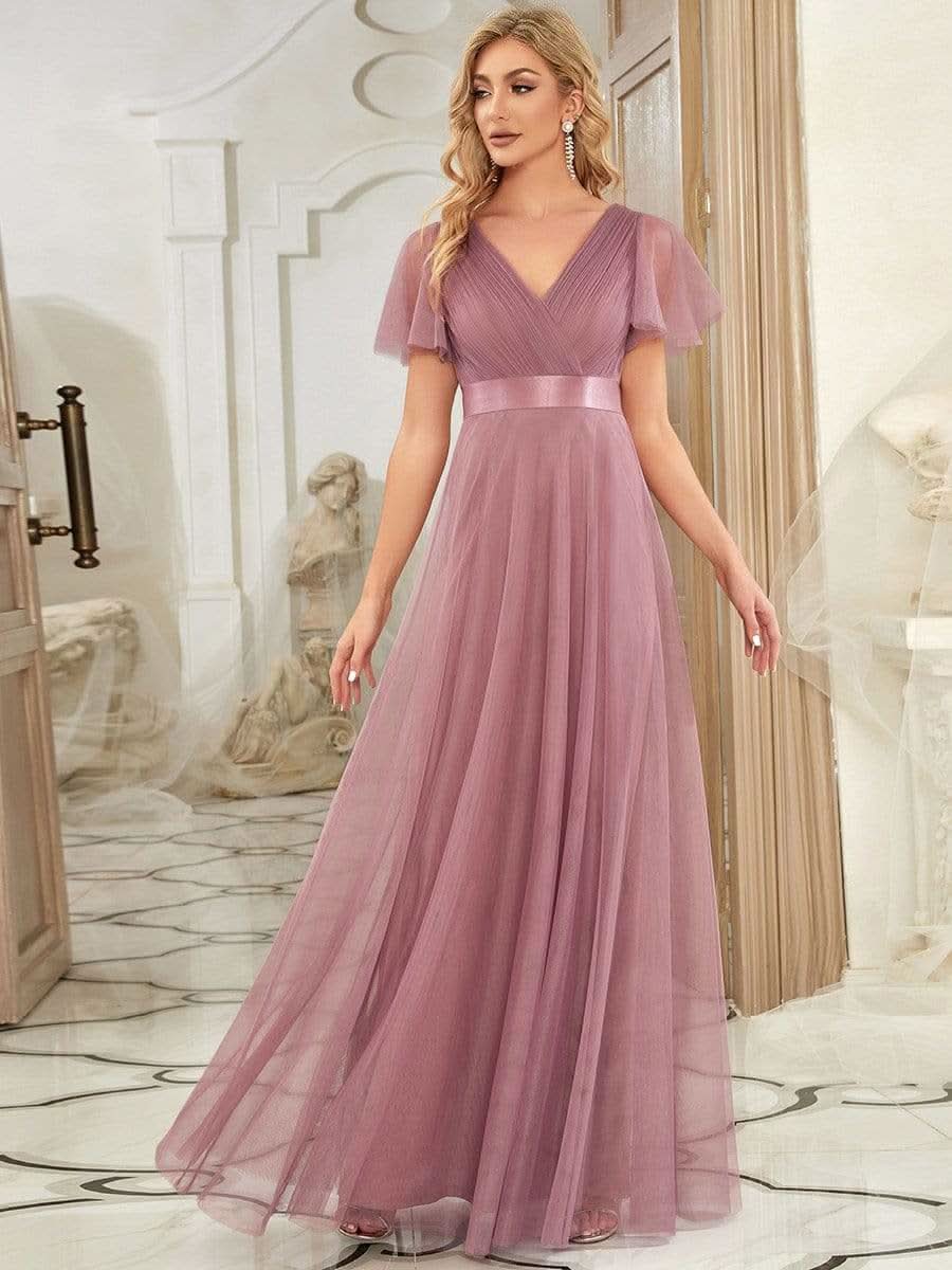 Doppelter V-Ausschnitt mit Hoher Taille Hochzeitsgast Kleider #Farbe_Orchid