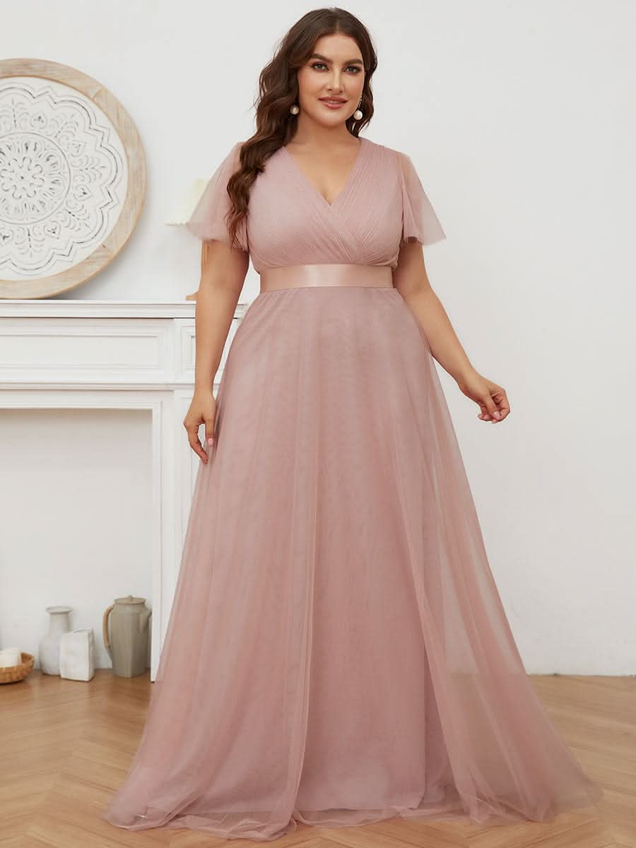 Plus Size V-Ausschnitt A-Linie Kurzarm Bodenlang Brautjungfernkleider #Farbe_Rosa