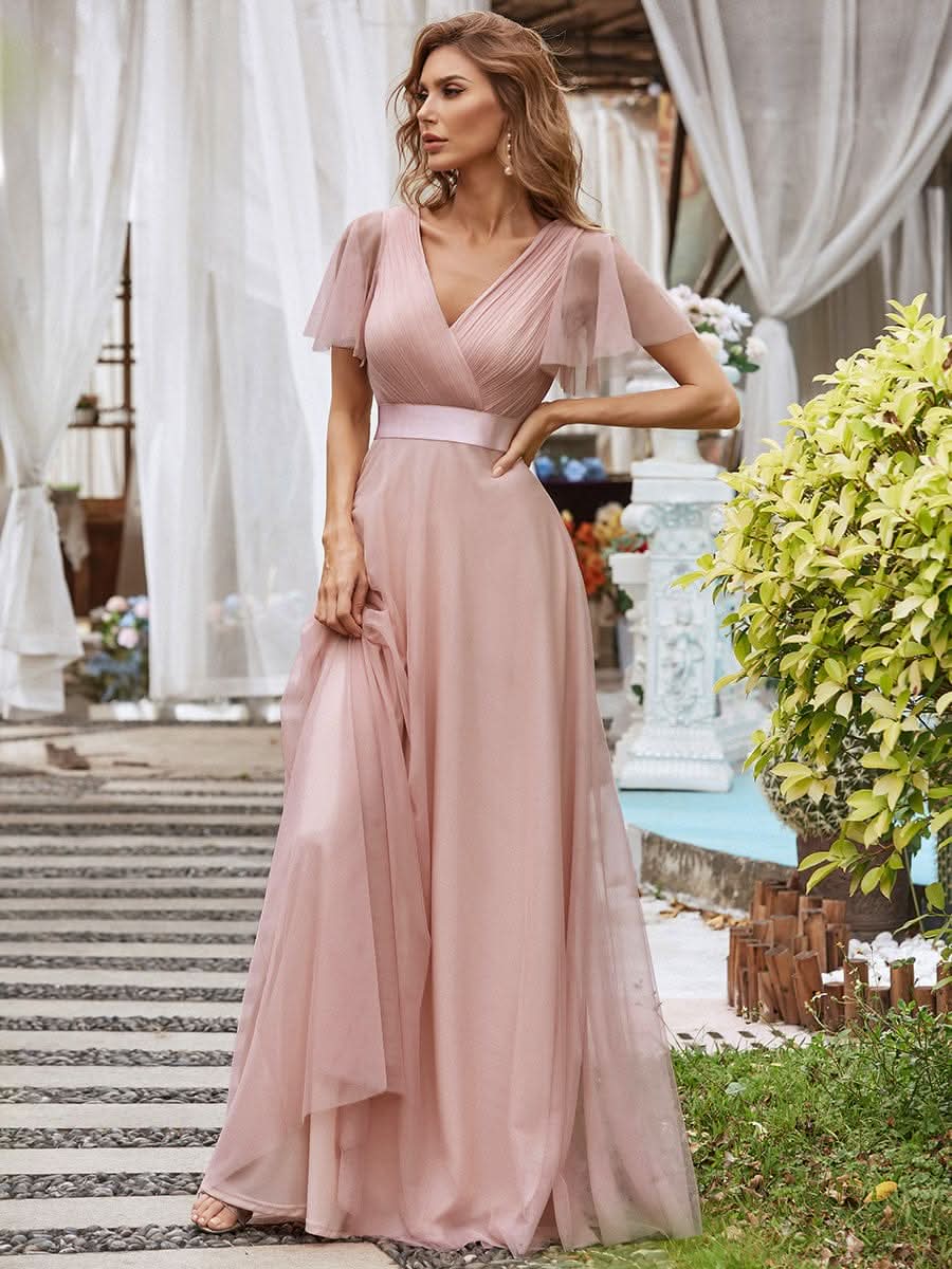 Doppelter V-Ausschnitt mit Hoher Taille Hochzeitsgast Kleider #Farbe_Rosa