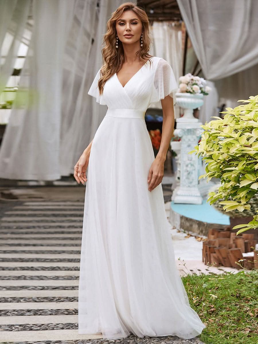Elegante V-Ausschnitt A-Line Tüll Abendkleider #Farbe_Weiss