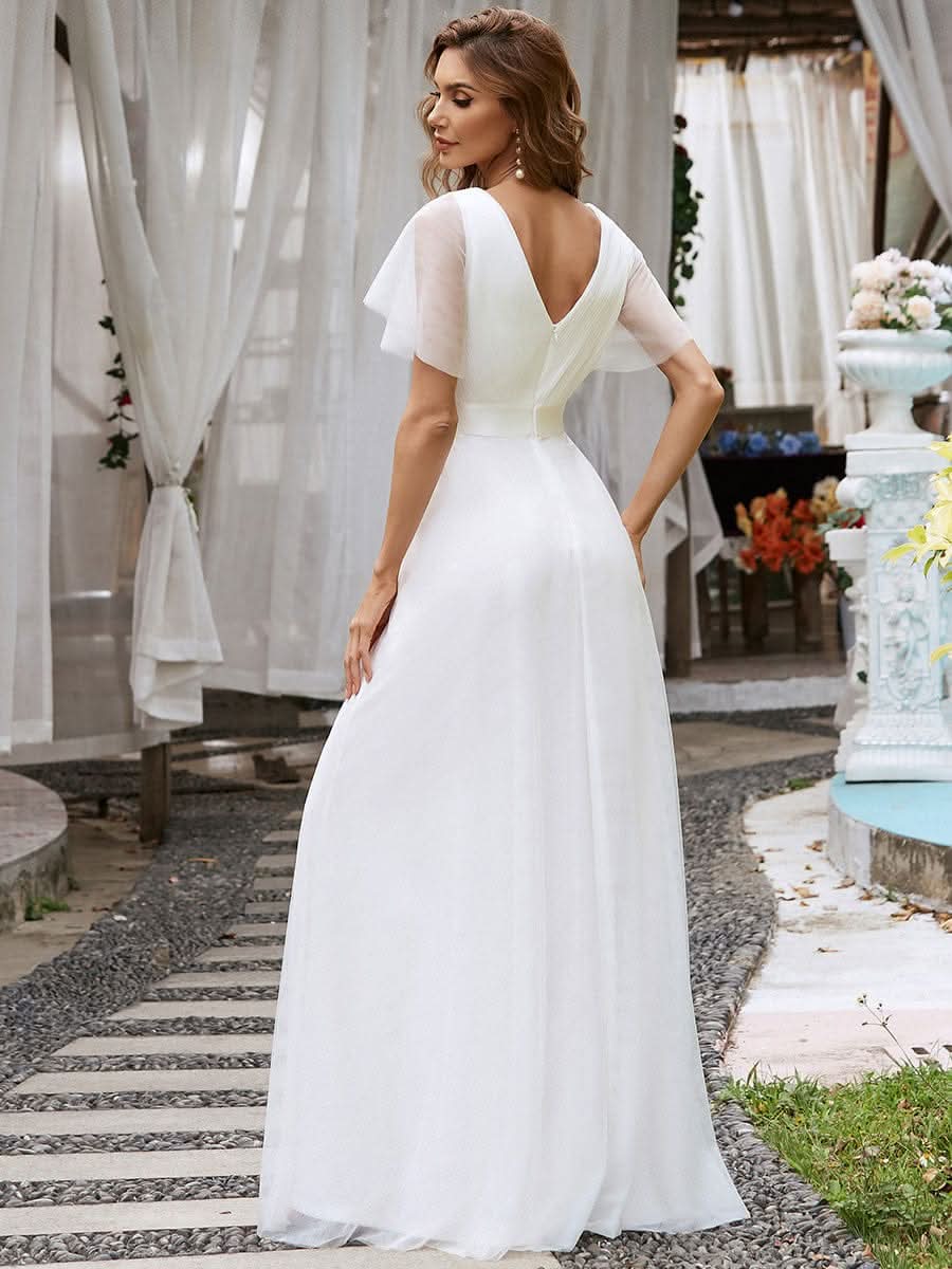 Doppelter V-Ausschnitt mit Hoher Taille Hochzeitsgast Kleider #Farbe_Weiss