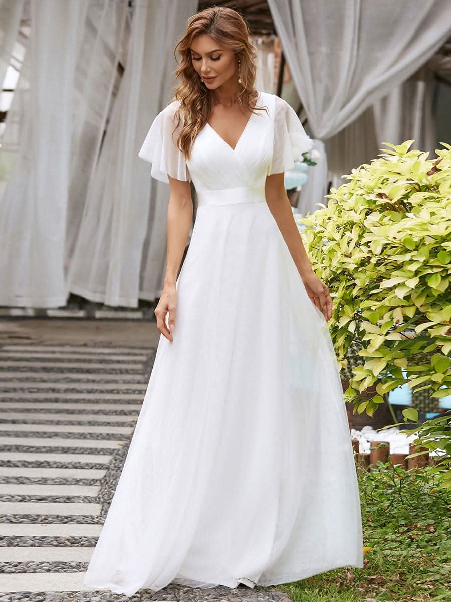 Doppelter V-Ausschnitt mit Hoher Taille Hochzeitsgast Kleider #Farbe_Weiss