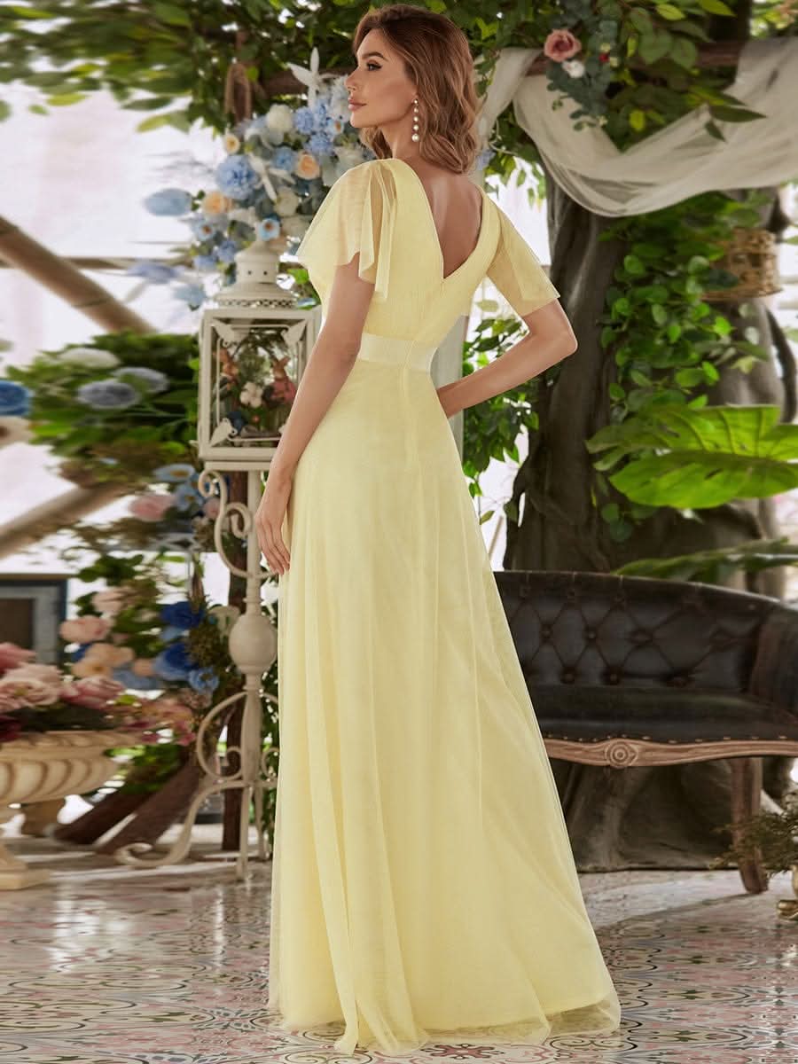 Elegante V-Ausschnitt A-Line Tüll Abendkleider #Farbe_Gelb
