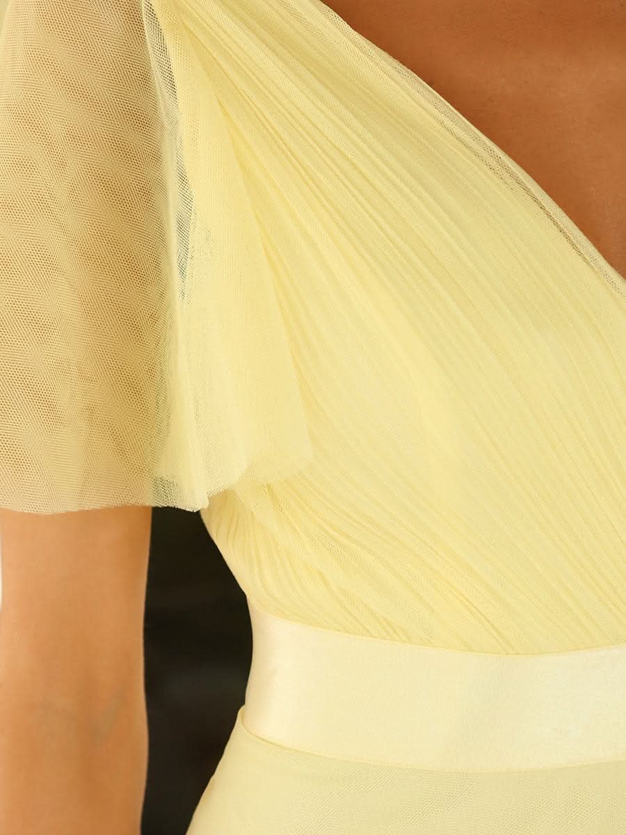 Elegante V-Ausschnitt A-Line Tüll Abendkleider #Farbe_Gelb