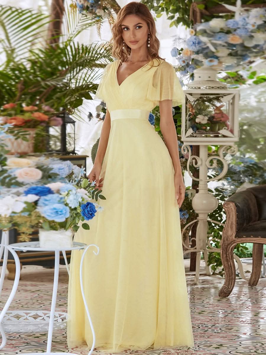 Elegante V-Ausschnitt A-Line Tüll Abendkleider #Farbe_Gelb