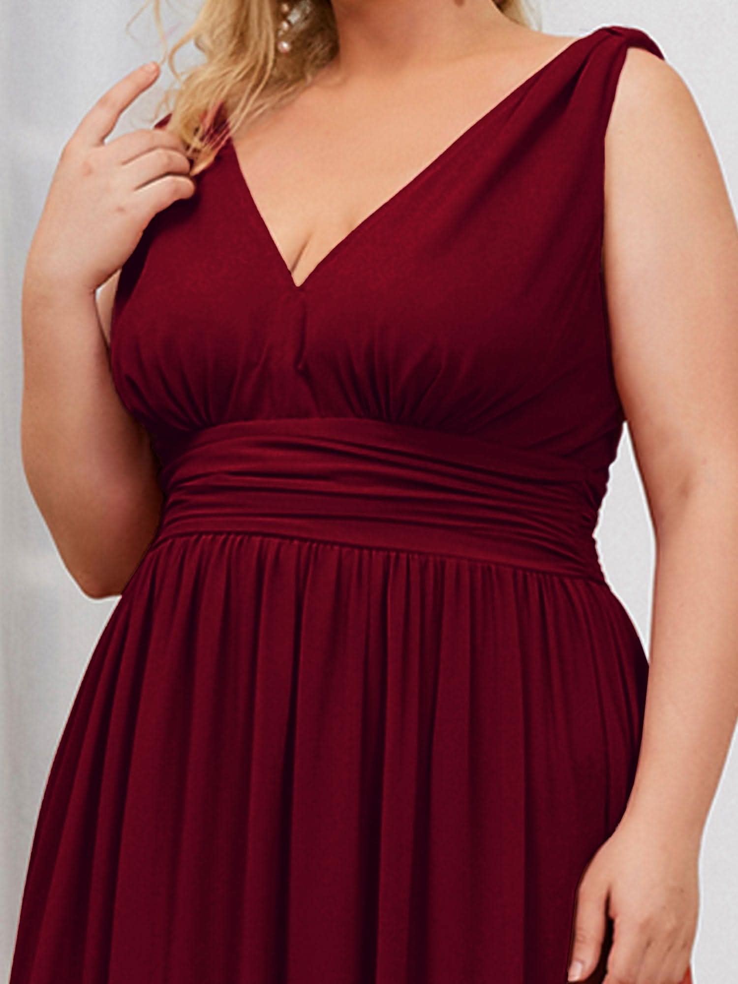 Plus Size V-Ausschnitt Lange Chiffon Abendkleider 09016 #farbe_Burgundy