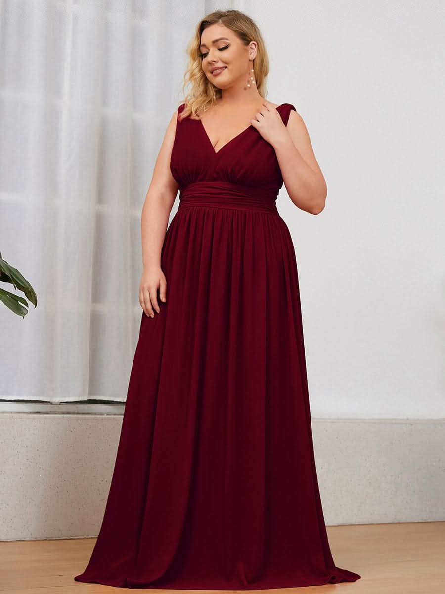 Damen V-Ausschnitt Lange Chiffon Abendkleider Festkleider 09016 #farbe_Burgundy