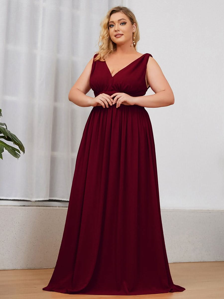 Ärmelloser Chiffon mit V-Ausschnitt Kleider Für HochzeitsgÄste in Große Größen #farbe_Burgundy