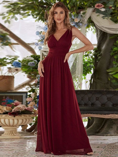 Damen V-Ausschnitt Lange Chiffon Abendkleider Festkleider 09016 #farbe_Burgundy