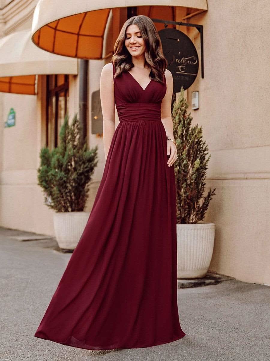 Damen V-Ausschnitt Lange Chiffon Abendkleider Festkleider 09016 #farbe_Burgundy