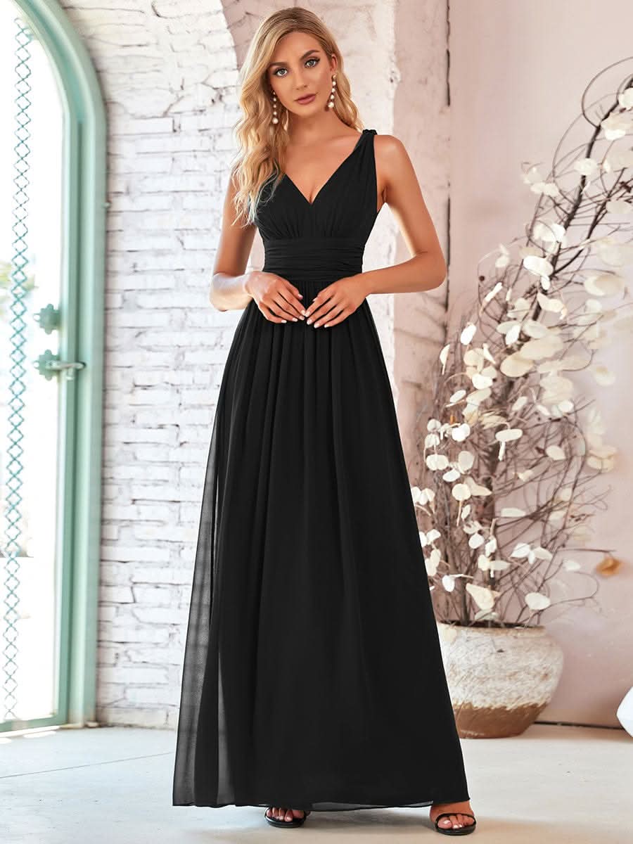 Damen V-Ausschnitt Lange Chiffon Abendkleider Festkleider 09016 #farbe_Schwarz