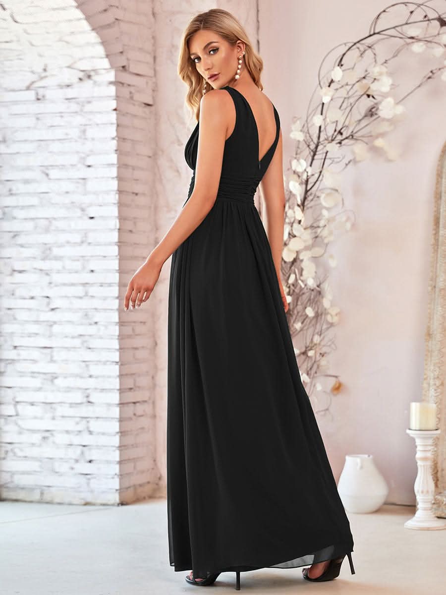 Damen V-Ausschnitt Lange Chiffon Abendkleider Festkleider 09016 #farbe_Schwarz