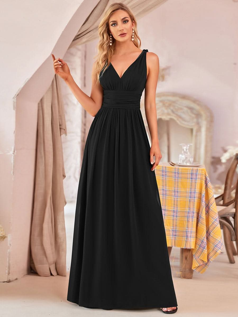 Damen V-Ausschnitt Lange Chiffon Abendkleider Festkleider 09016 #farbe_Schwarz