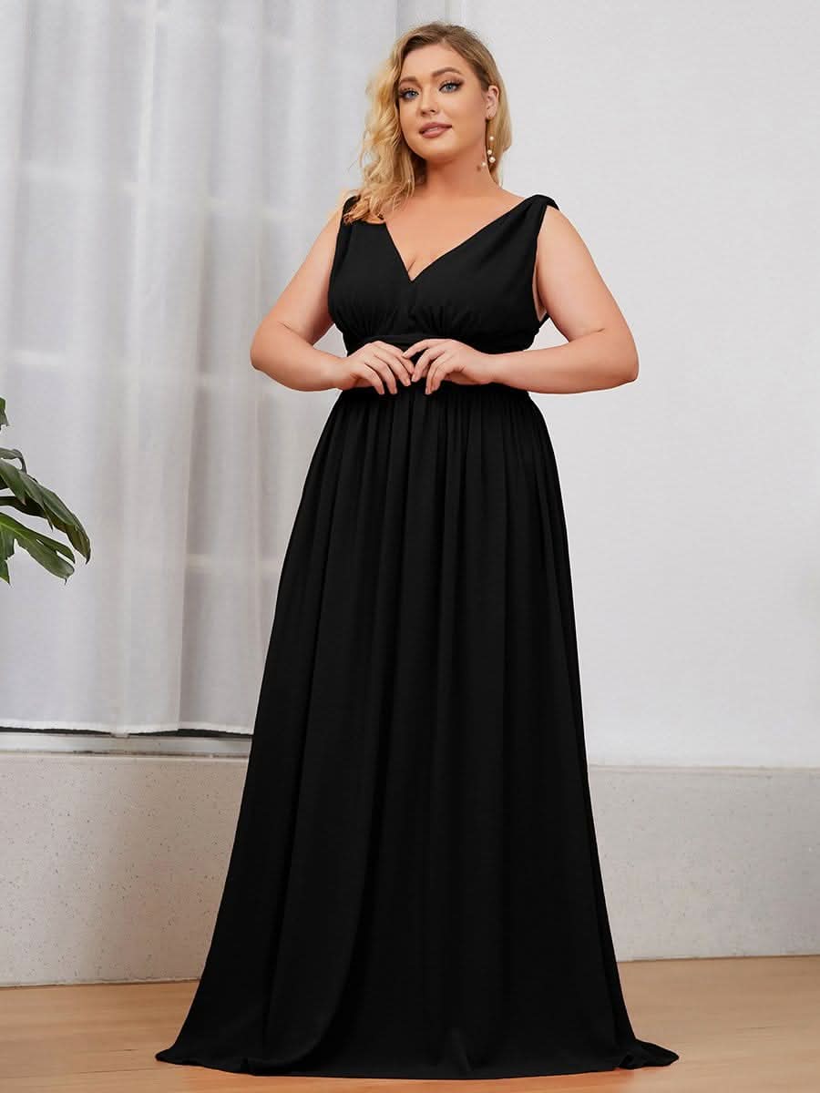 Plus Size V-Ausschnitt Lange Chiffon Abendkleider 09016 #farbe_Schwarz