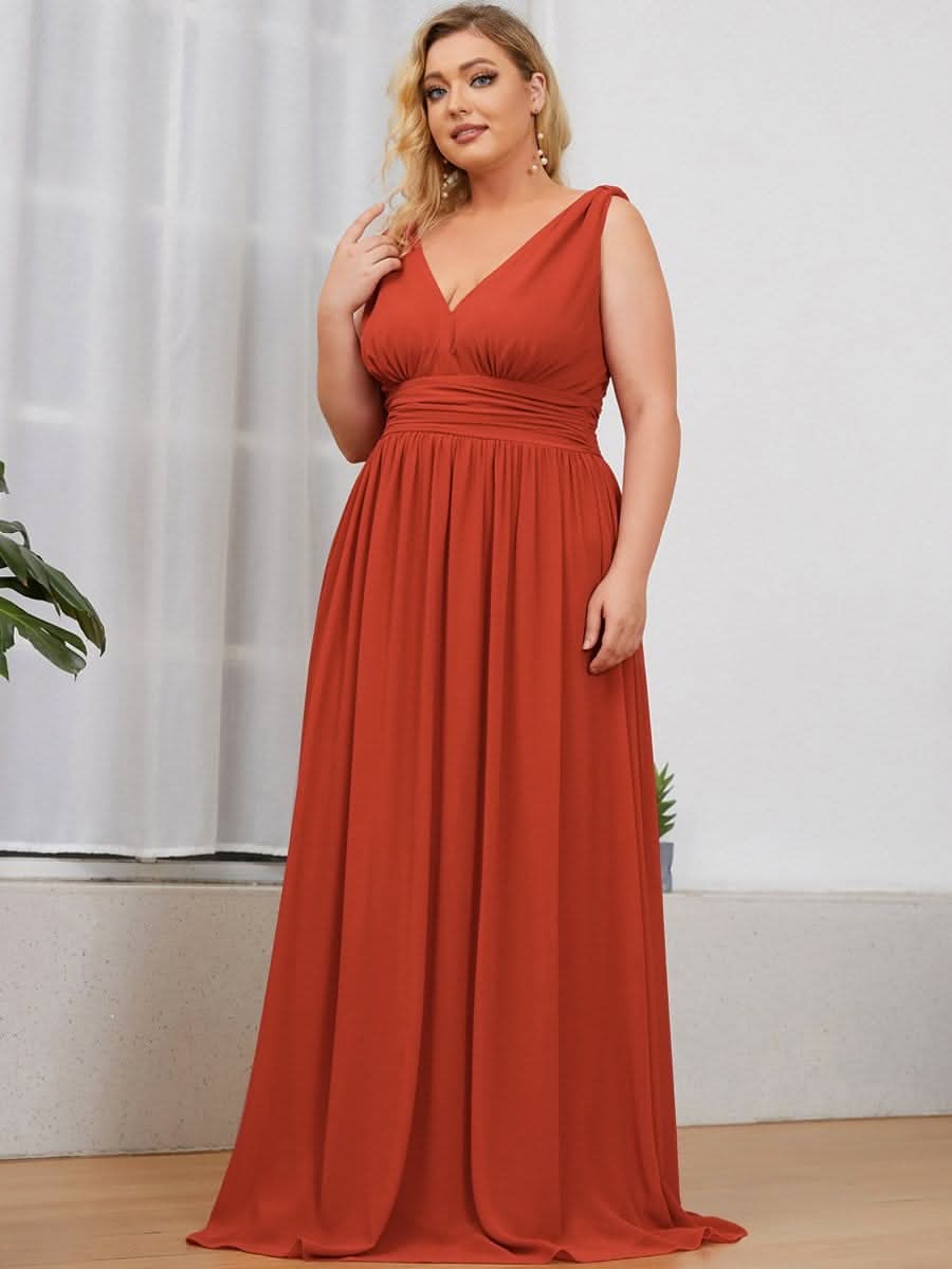 Ärmelloser Chiffon mit V-Ausschnitt Kleider Für HochzeitsgÄste in Große Größen #farbe_Gebrannte Orange