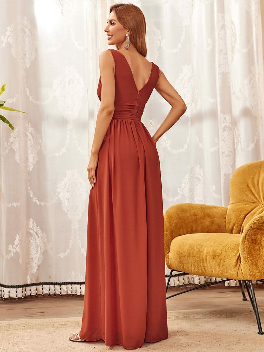 Doppelter V-Ausschnitt Ärmellos Lange Chiffon Brautjungfernkleider #farbe_Gebrannte Orange