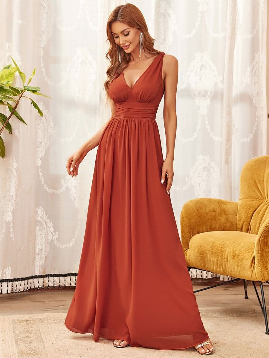 V-Ausschnitt Rückenfreies Empire-Taille Langes Kleid für HochzeitsgÄste #farbe_Gebrannte Orange