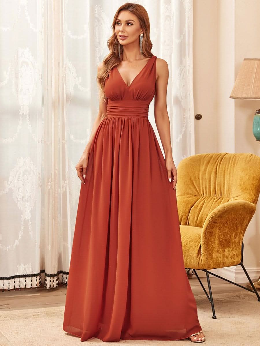 Doppelter V-Ausschnitt Ärmellos Lange Chiffon Brautjungfernkleider #farbe_Gebrannte Orange
