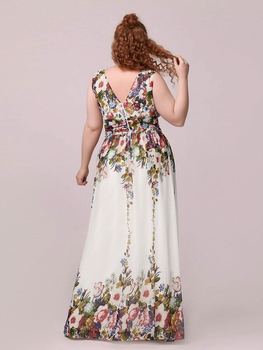 Damen V-Ausschnitt Lange Chiffon Abendkleider Festkleider 09016 #farbe_Cream Drucken