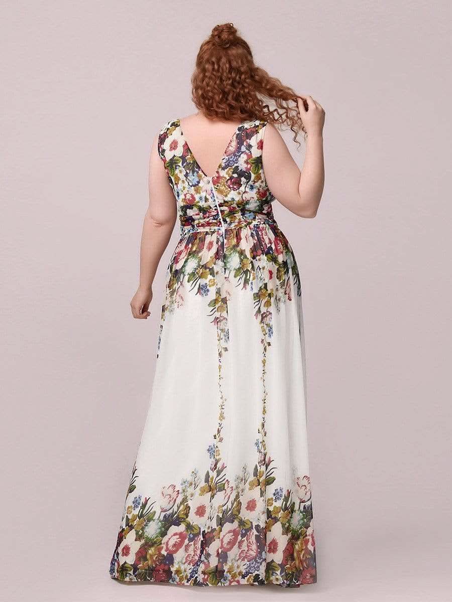 Plus Size V-Ausschnitt Lange Chiffon Abendkleider 09016 #farbe_Cream Drucken