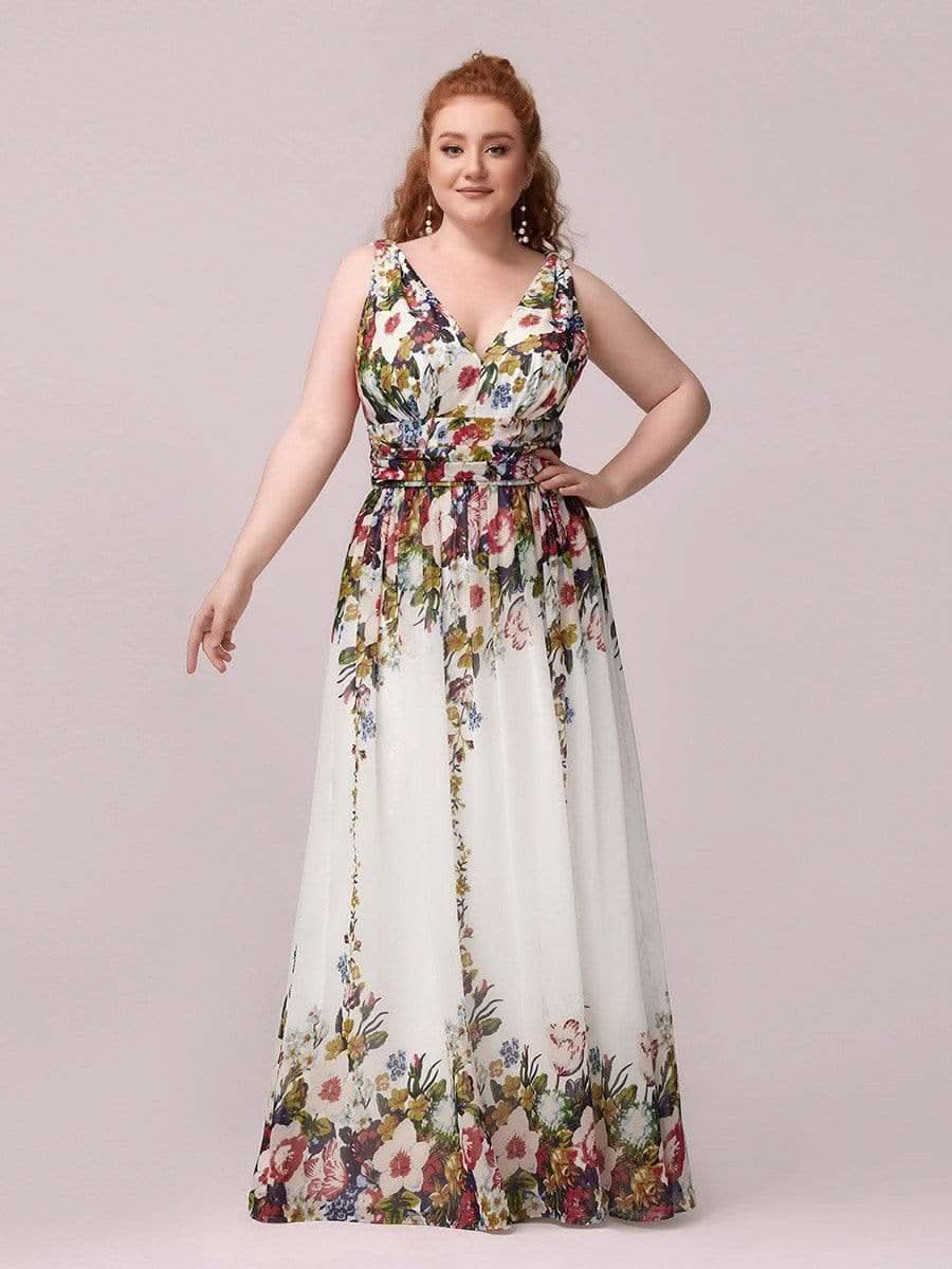 Plus Size V-Ausschnitt Lange Chiffon Abendkleider 09016 #farbe_Cream Drucken