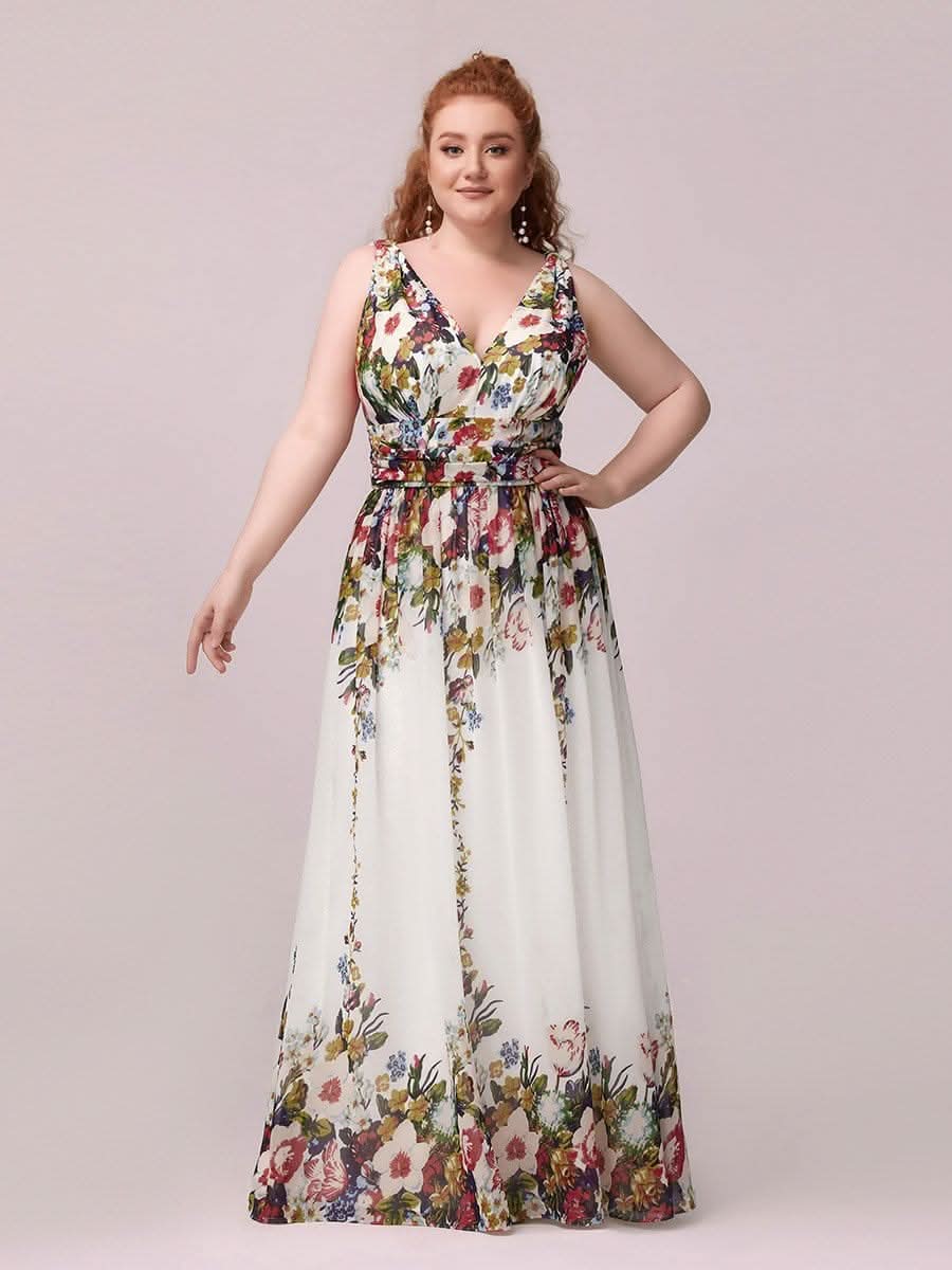 Damen V-Ausschnitt Lange Chiffon Abendkleider Festkleider 09016 #farbe_Cream Drucken