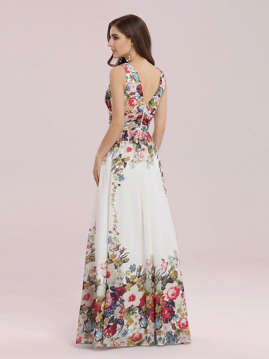Damen V-Ausschnitt Lange Chiffon Abendkleider Festkleider 09016 #farbe_Cream Drucken