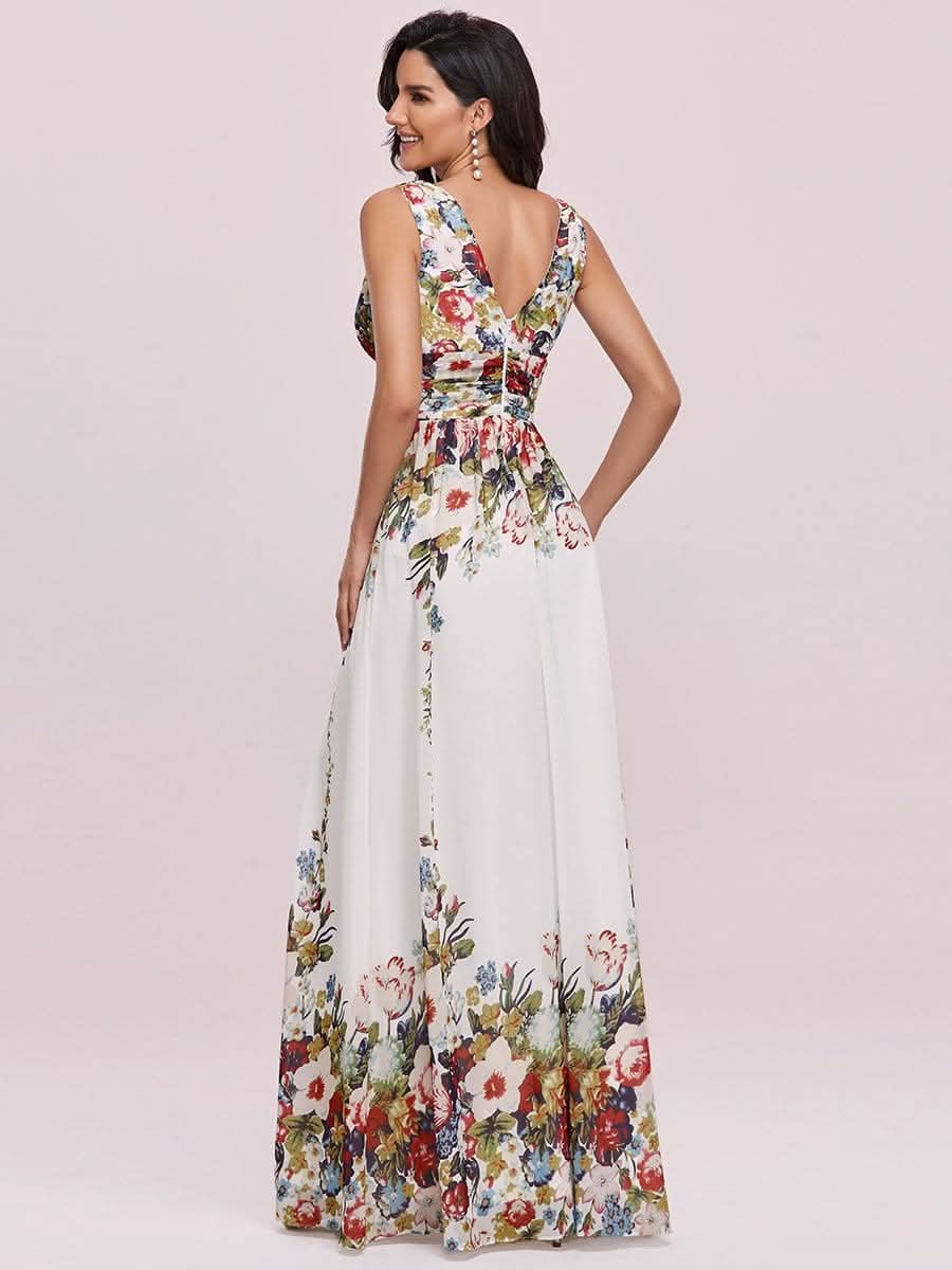 Damen V-Ausschnitt Lange Chiffon Abendkleider Festkleider 09016 #farbe_Cream Drucken