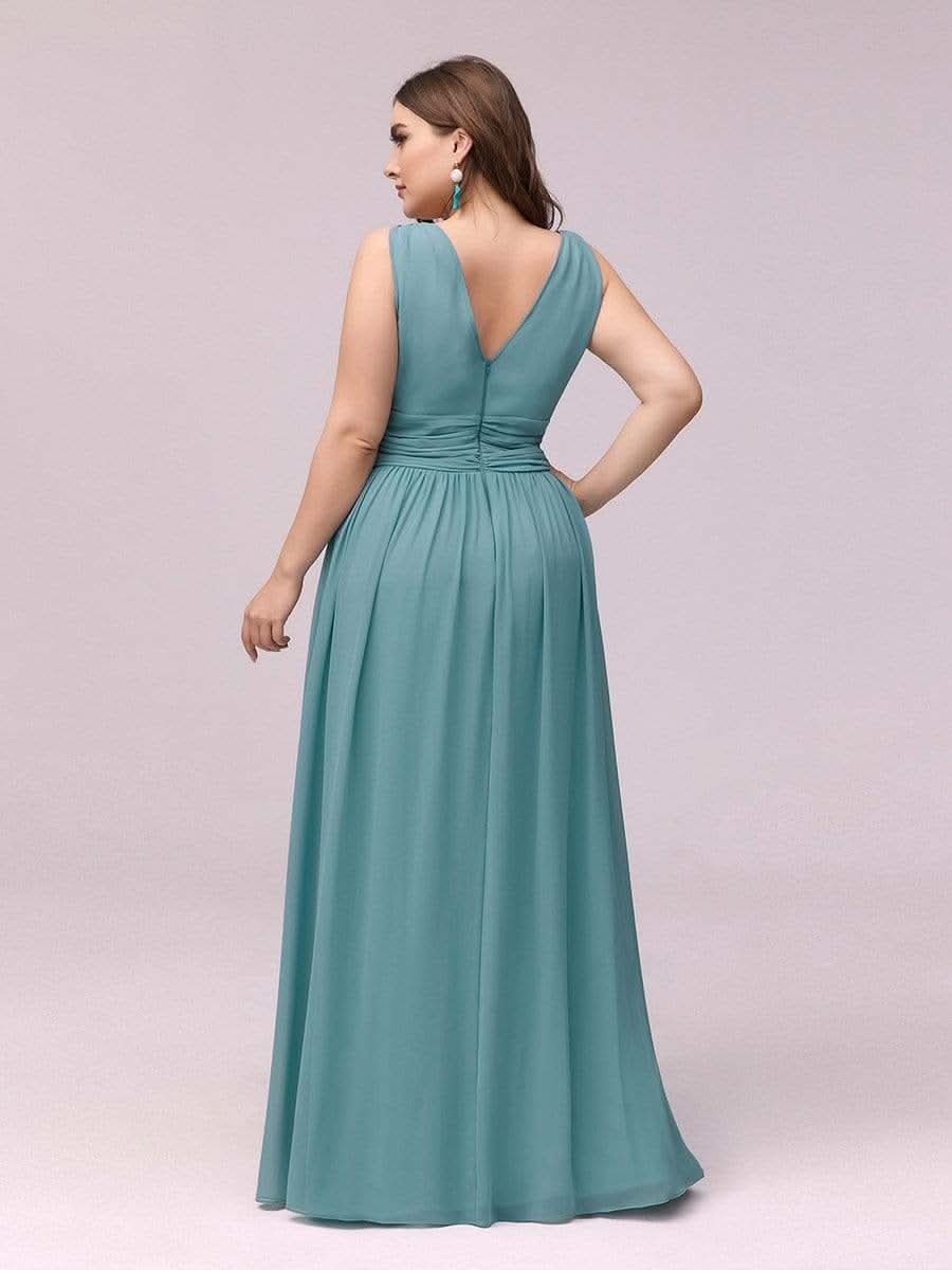 Doppelter V-Ausschnitt Ärmellos Lange Chiffon Brautjungfernkleider Große Größen #farbe_Dusty Blau