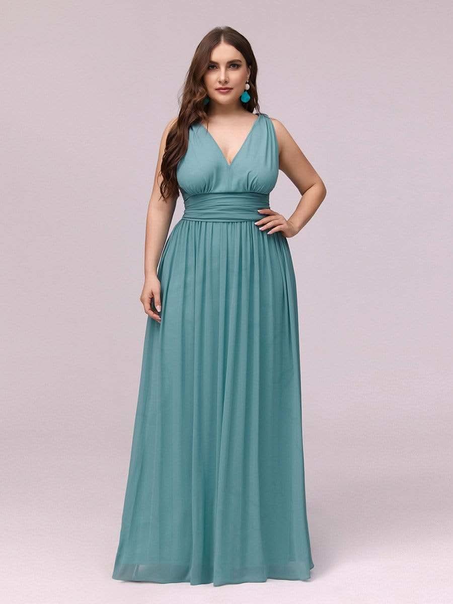 Plus Size V-Ausschnitt Lange Chiffon Abendkleider 09016 #farbe_Dusty Blau