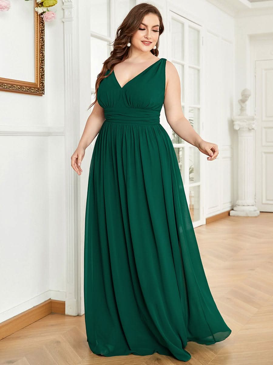 Plus Size V-Ausschnitt Lange Chiffon Abendkleider 09016 #farbe_Dunkel Gruen