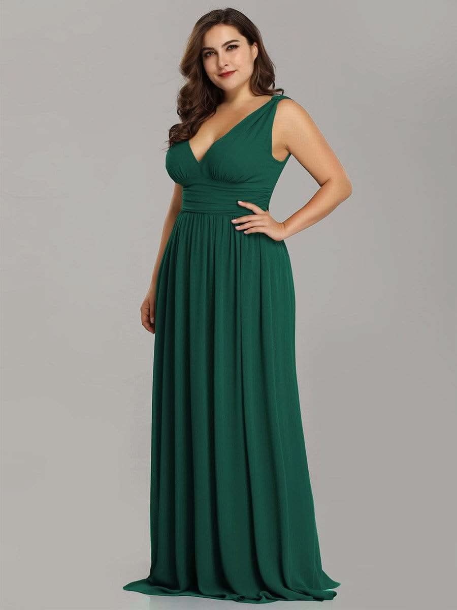 Plus Size V-Ausschnitt Lange Chiffon Abendkleider 09016 #farbe_Dunkel Gruen