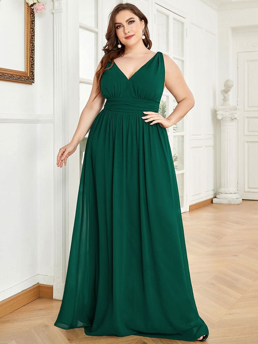 Plus Size V-Ausschnitt Lange Chiffon Abendkleider 09016 #farbe_Dunkel Gruen