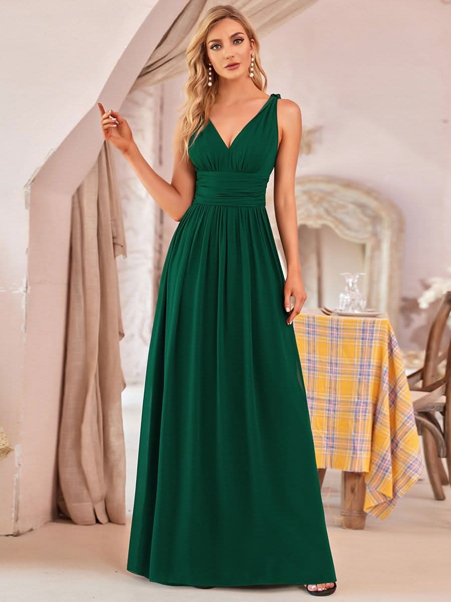 V-Ausschnitt Rückenfreies Empire-Taille Langes Kleid für HochzeitsgÄste #farbe_Dunkel Gruen
