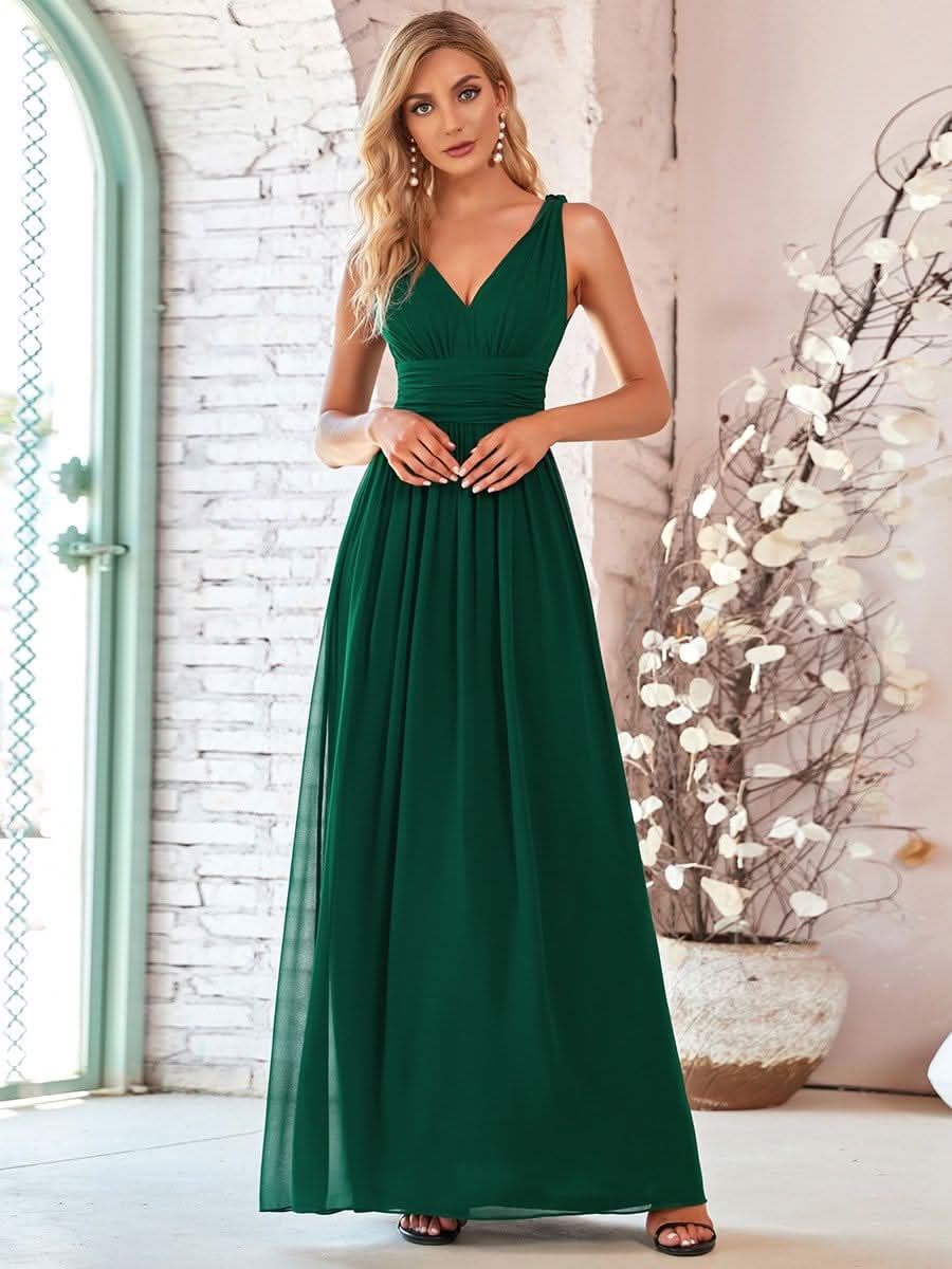 V-Ausschnitt Rückenfreies Empire-Taille Langes Kleid für HochzeitsgÄste #farbe_Dunkel Gruen