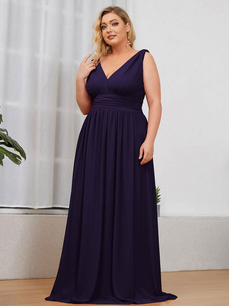 Plus Size V-Ausschnitt Lange Chiffon Abendkleider 09016 #farbe_Dunkel Violett
