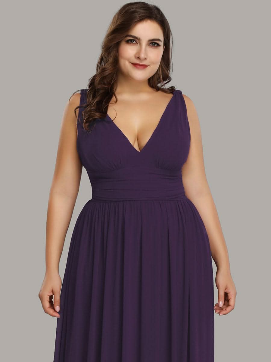 Plus Size V-Ausschnitt Lange Chiffon Abendkleider 09016 #farbe_Dunkel Violett