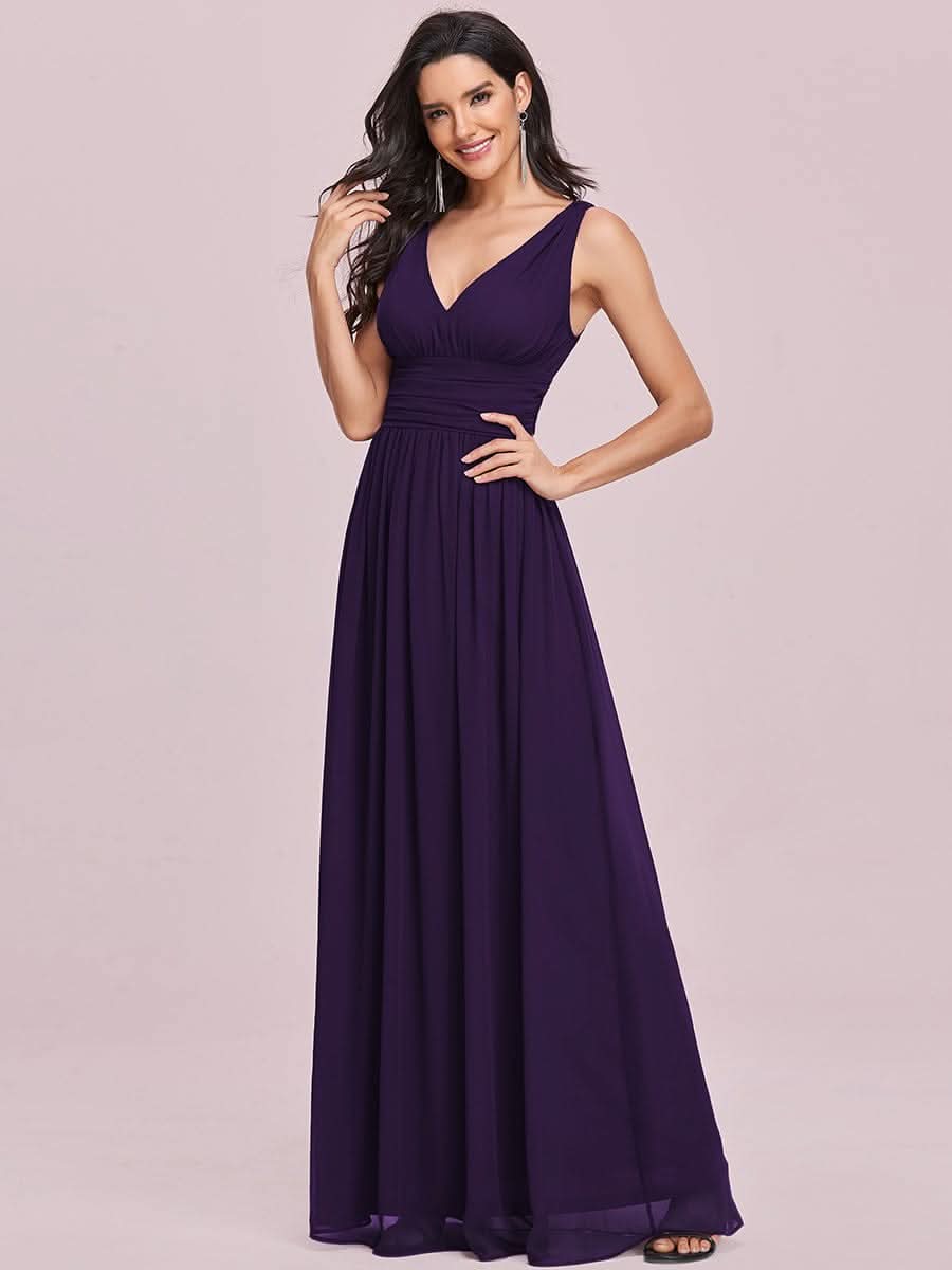 V-Ausschnitt Rückenfreies Empire-Taille Langes Kleid für HochzeitsgÄste #farbe_Dunkel Violett