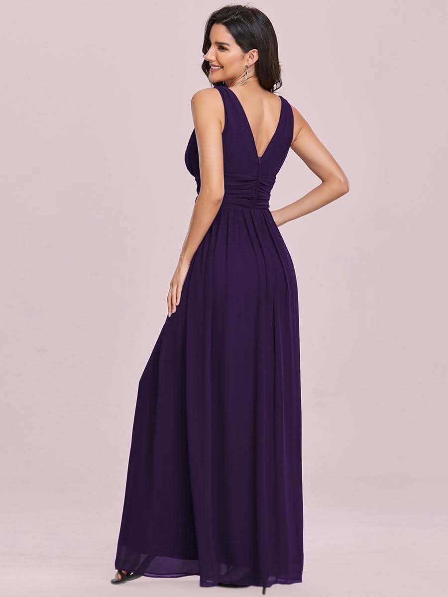 Damen V-Ausschnitt Lange Chiffon Abendkleider Festkleider 09016 #farbe_Dunkel Violett
