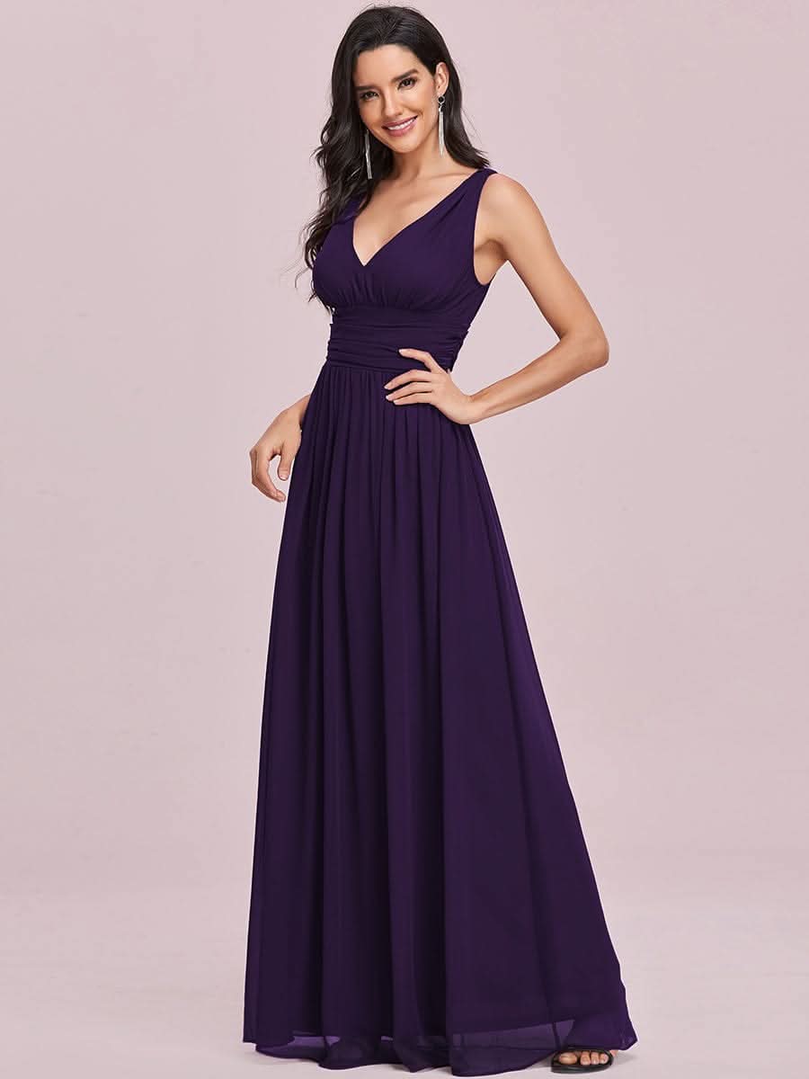 V-Ausschnitt Rückenfreies Empire-Taille Langes Kleid für HochzeitsgÄste #farbe_Dunkel Violett