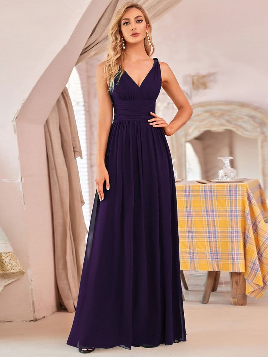 Damen V-Ausschnitt Lange Chiffon Abendkleider Festkleider 09016 #farbe_Dunkel Violett