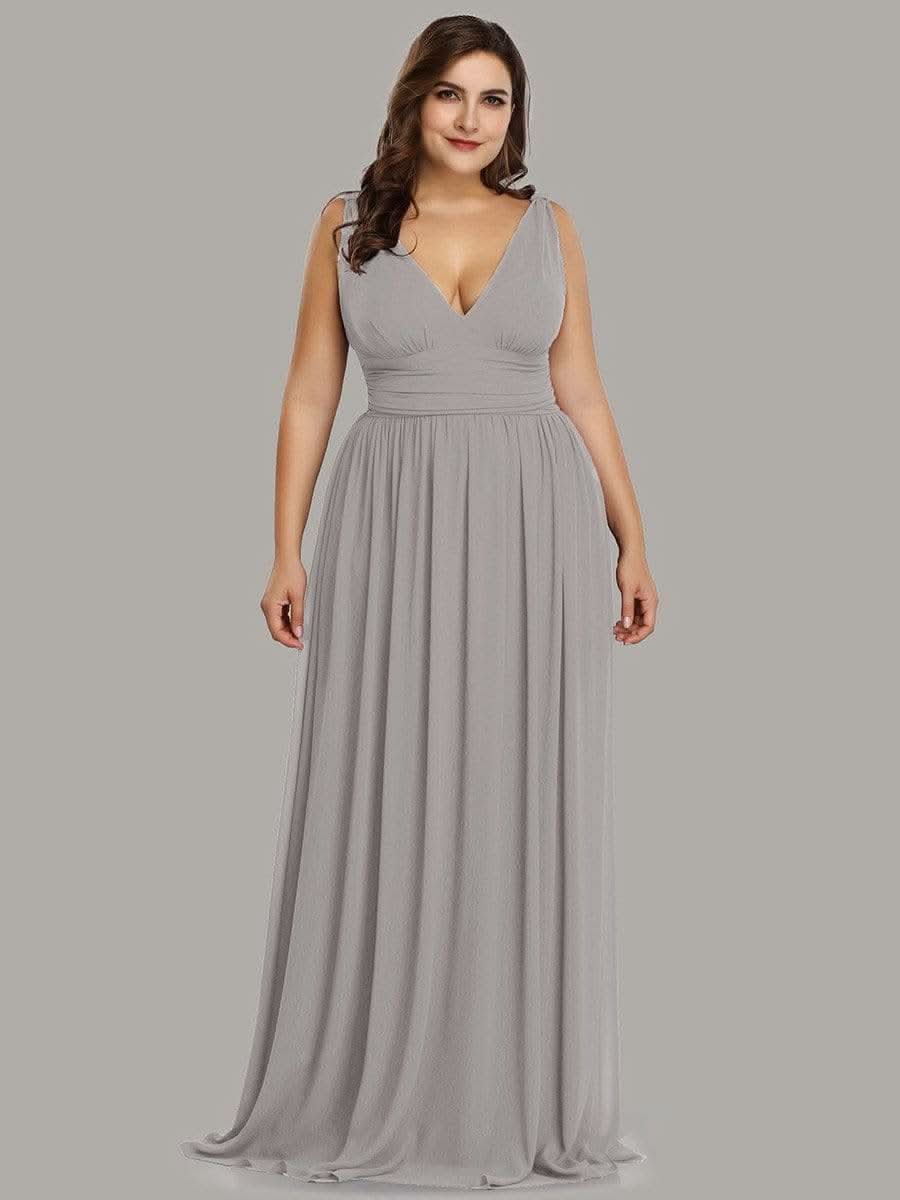 Damen V-Ausschnitt Lange Chiffon Abendkleider Festkleider 09016 #farbe_Grau