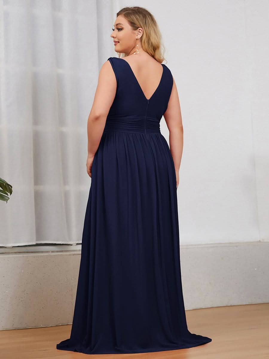 Damen V-Ausschnitt Lange Chiffon Abendkleider Festkleider 09016 #farbe_Navy Blau