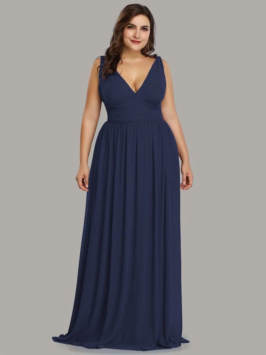 Ärmelloser Chiffon mit V-Ausschnitt Kleider Für HochzeitsgÄste in Große Größen #farbe_Navy Blau