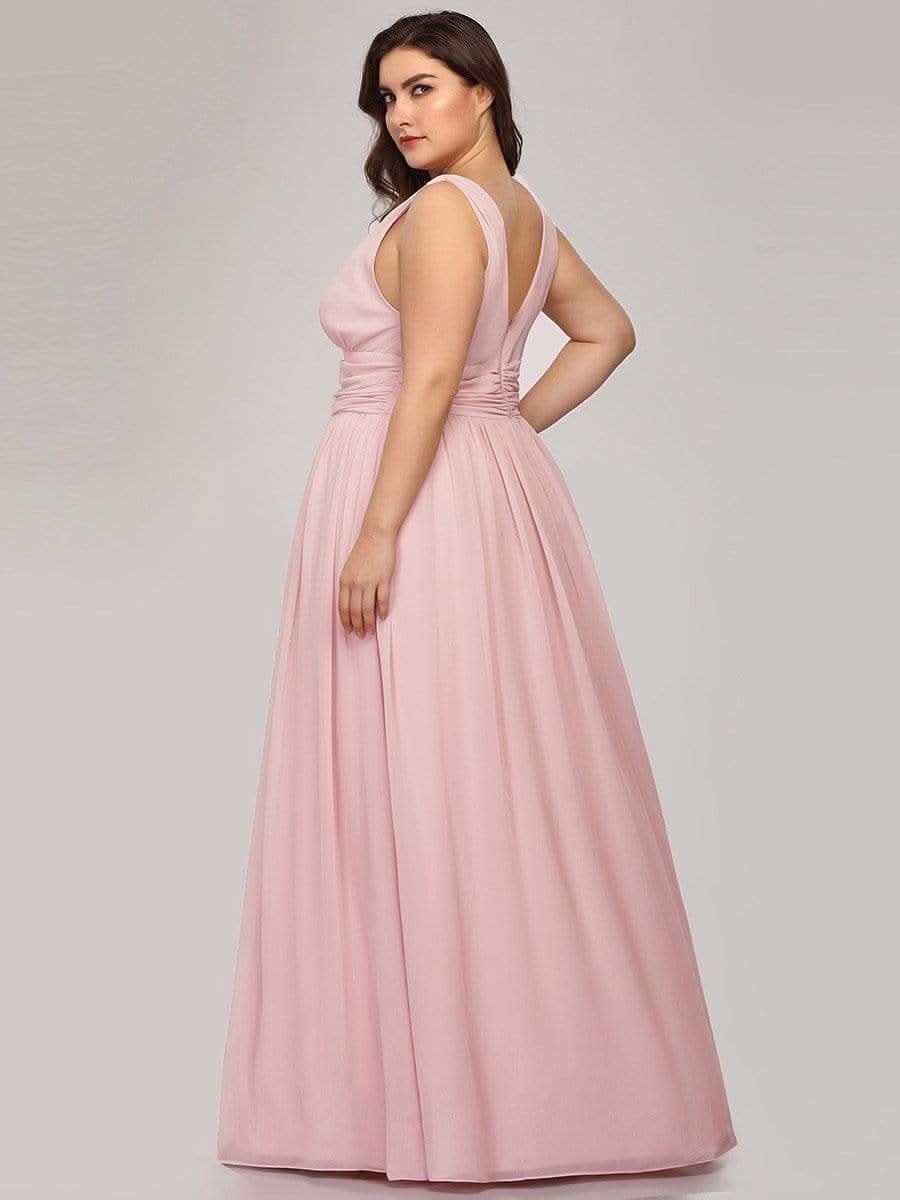 Doppelter V-Ausschnitt Ärmellos Lange Chiffon Brautjungfernkleider Große Größen #farbe_Rosa