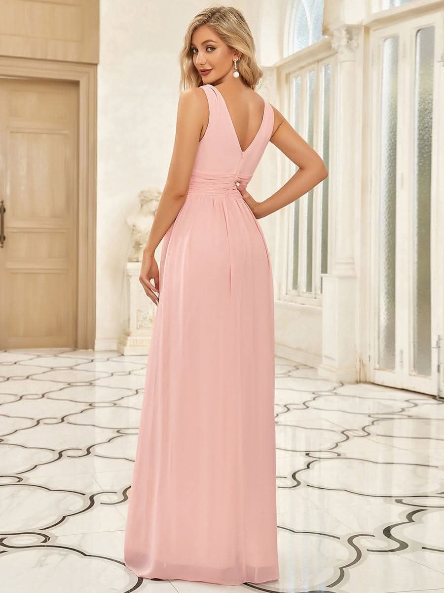 Damen V-Ausschnitt Lange Chiffon Abendkleider Festkleider 09016 #farbe_Rosa