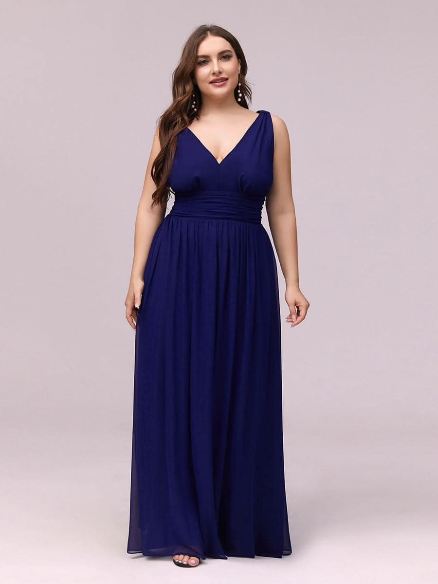 Damen V-Ausschnitt Lange Chiffon Abendkleider Festkleider 09016 #farbe_Koenigsblau