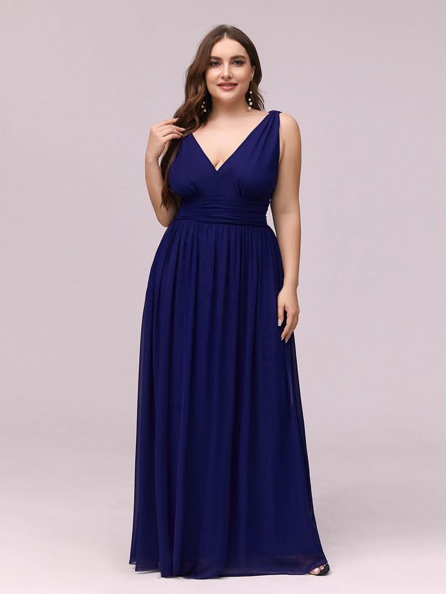 Damen V-Ausschnitt Lange Chiffon Abendkleider Festkleider 09016 #farbe_Koenigsblau