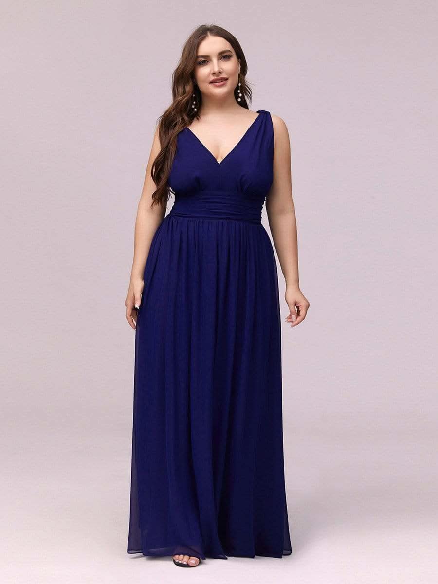 Doppelter V-Ausschnitt Ärmellos Lange Chiffon Brautjungfernkleider Große Größen #farbe_Koenigsblau